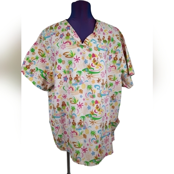 Uniforms Hawaii Medical Scrub Top Hula Girl Sea Turtles Light Pink Sz 2XL Unisex - Picture 1 of 8